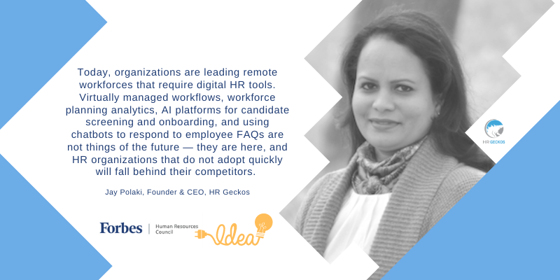 'A HR-focused quote on digital tools is featured alongside a grayscale portrait of a smiling woman. Logos for Forbes, Human Resources Council, and HR Geckos appear below the quote.'